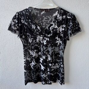 The Limited Medium Black Floral Sheer V Neck Short Sleeves Goth Fairy Grunge